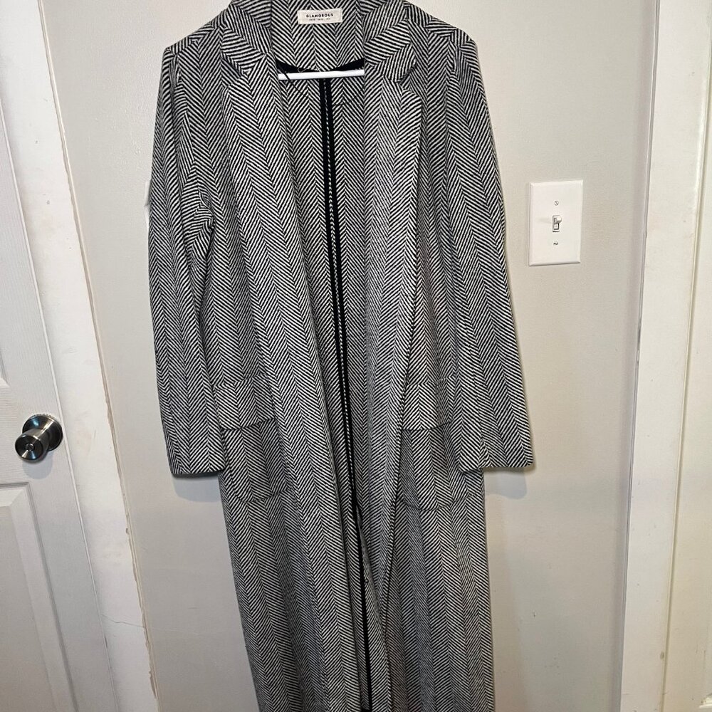 Glamorous Black & White Herringbone Long Coat – Size 6